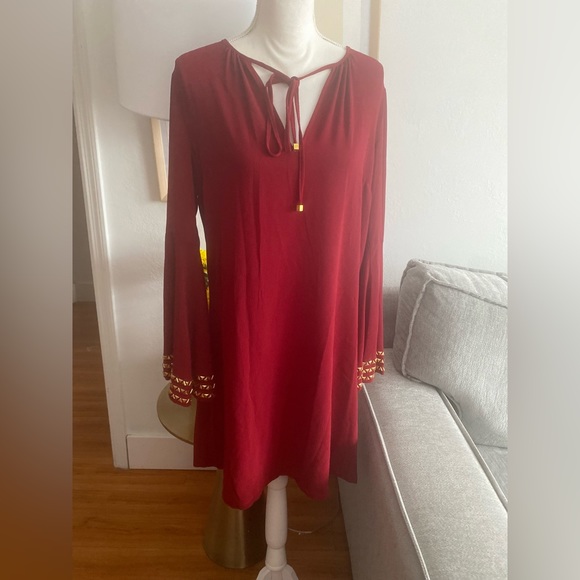 Michael Kors Red Golden Boho Studs Holiday Flowy Tunic Mini Dress size M - Picture 7 of 16